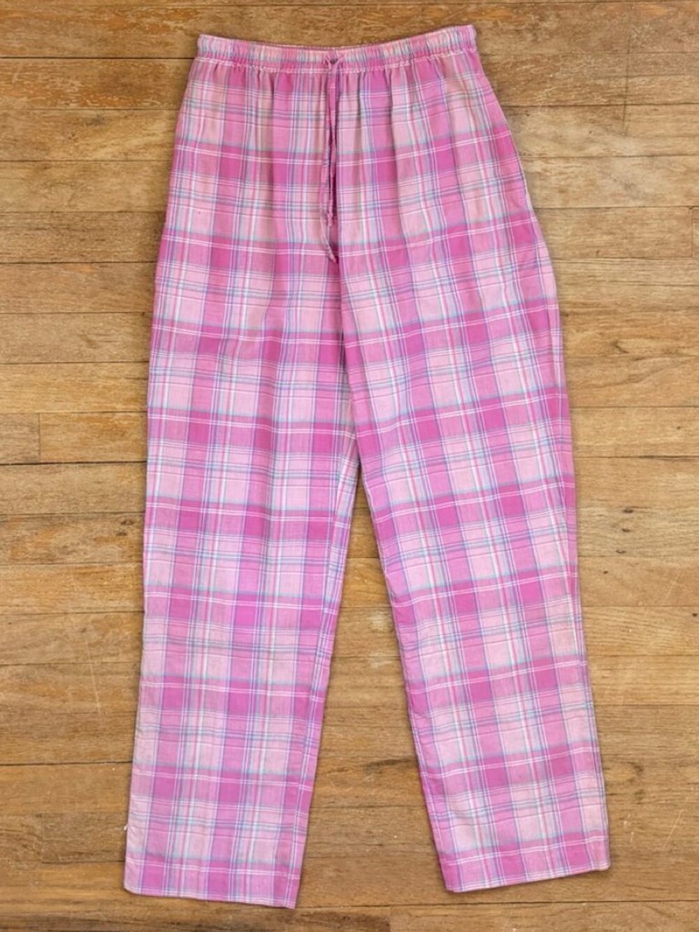 Vintage Pink Plaid Cotton Pants Size XS/Small 24-27" Elastic High Waist 90s
